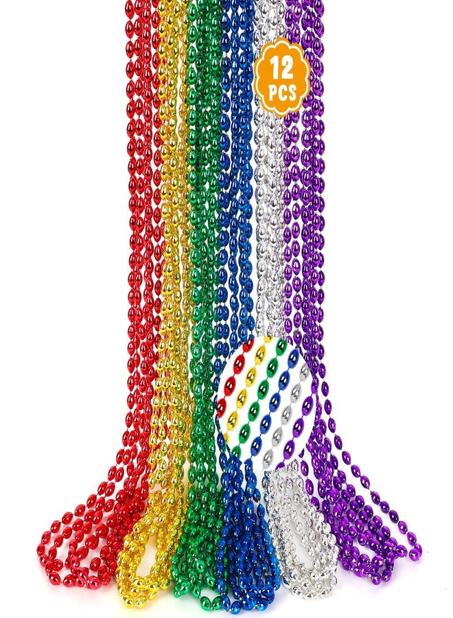 EOBOH 12PCS Mardi Gras Beads, Metallic Colorful Beaded Necklaces Party Favors, 6 Kinds of 32" Oval Bead Necklace Costume Stuff for Festival Parade Throw Accessories Wedding Birthday Mardi Gras Decorations - Image 1